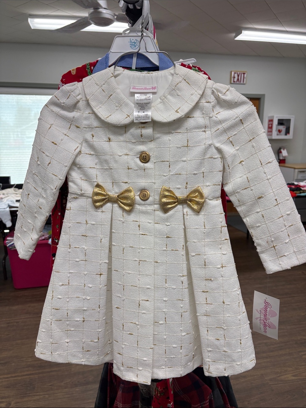 Bonnie Jean Cream Tweed Coat with Gold Bow Accents